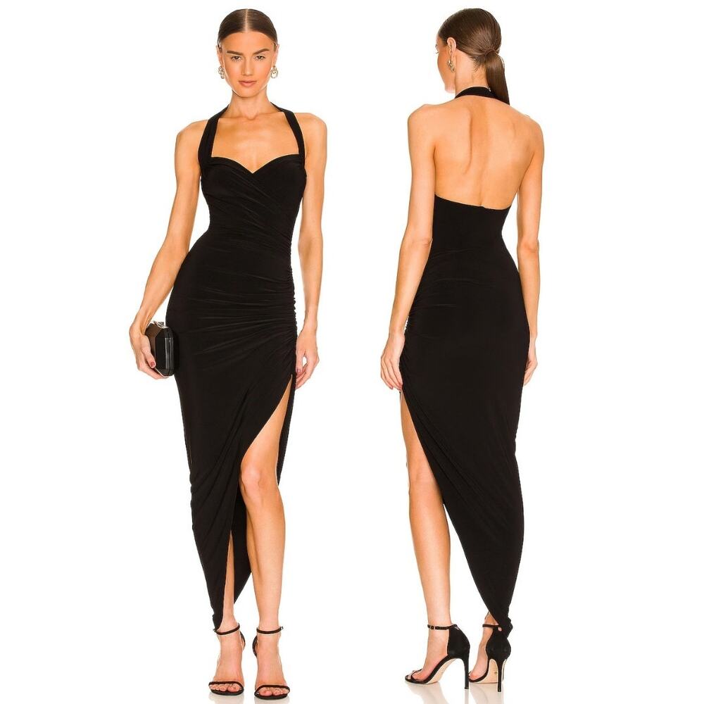 Norma Kamali Cayla Gown Side Draped Halter Evening Party Formal Cocktail Prom M